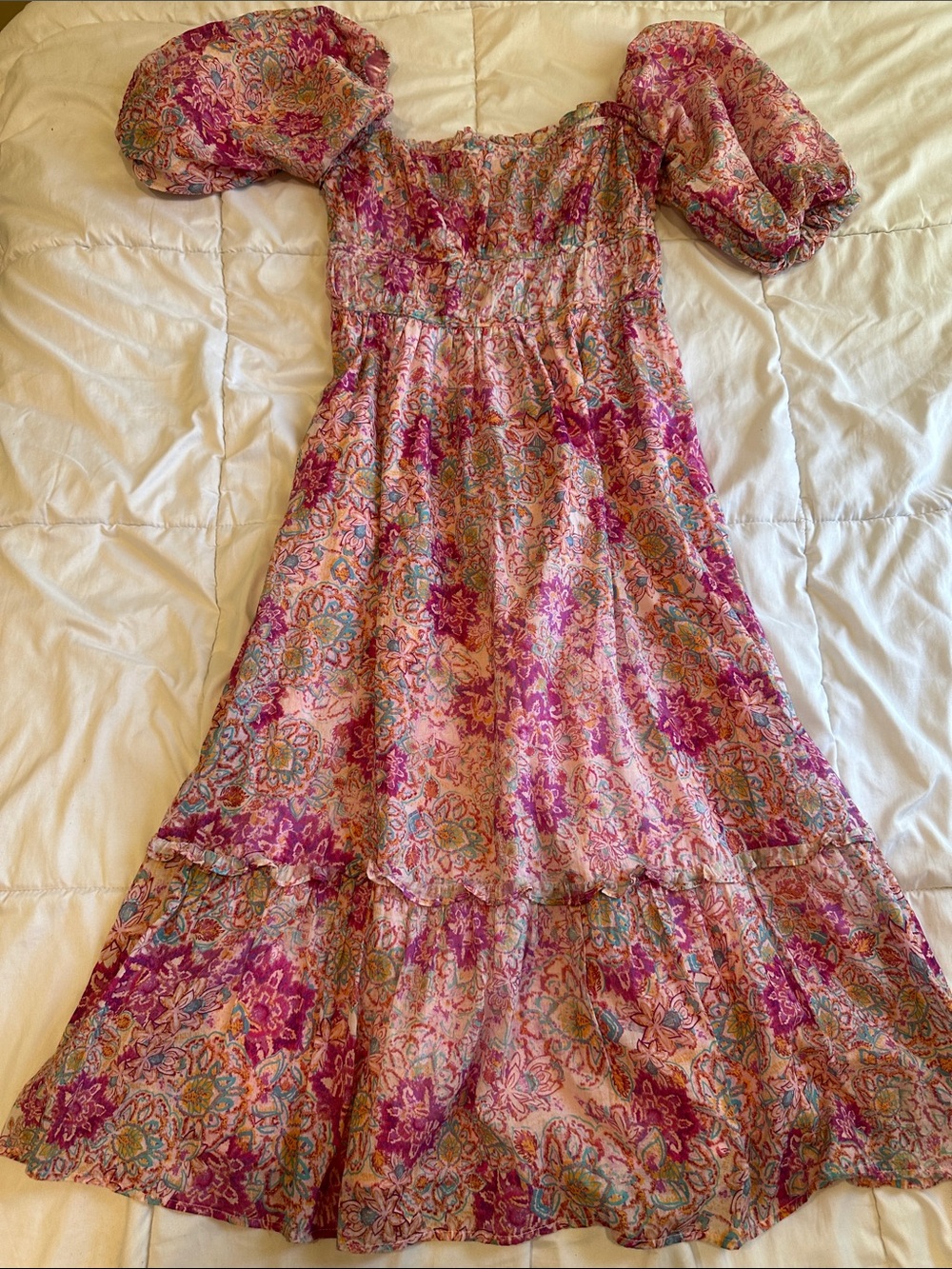 Fate Pink Floral Puff-Sleeve Boho Midi Dress